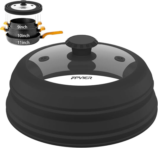 Collapsible Microwave Splatter Cover - Vented Silicone & Glass Lid with Easy-Grip Handle, Fits 6 to 11 Inch Plates & Bowls, 11.8 Inch Diameter, Prevents Splatters & Ensures Even Heating