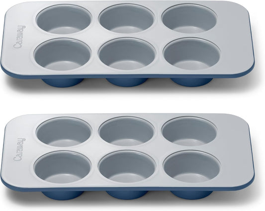Caraway Nonstick Ceramic 6 Cup Muffin Pan Duo – Non-Toxic, PTFE & PFOA Free – Oven Safe – Aluminized Steel Core – Small Muffin Pan for Baking Cupcakes, Muffins & More - Navy