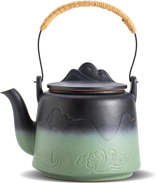 ZENS Vintage Japanese Teapot, 33.8 oz Embossed Ceramic Loose Leaf Teapot with Built-in Strainer for Hot Tea Steeper, Hemp Rope Handle Japanese Tea Brewer Pot for Tea Lovers Gifts