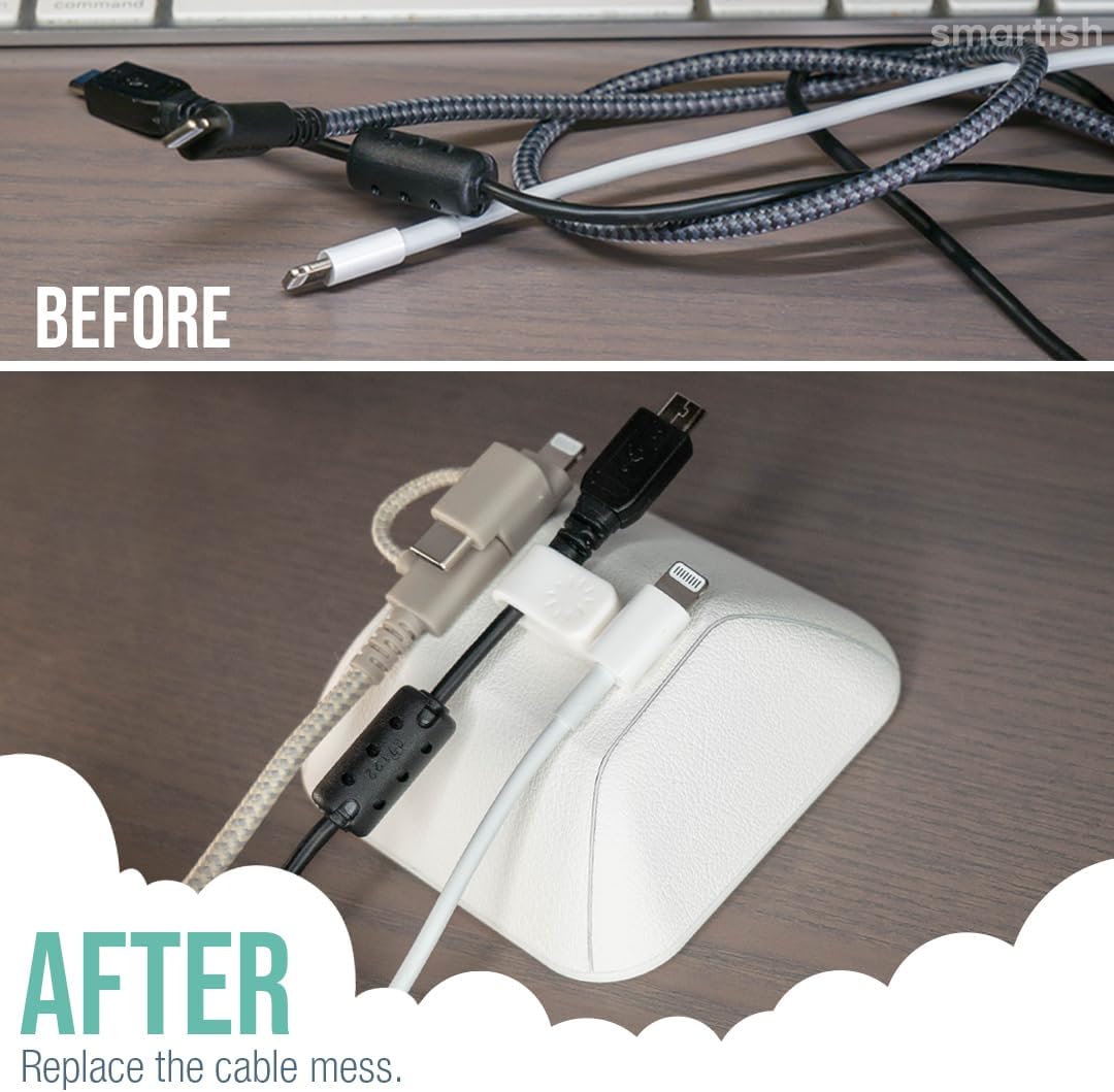 Smartish® Magnetic Cord Holder - Cable Wrangler Organizer with Magnet Clips for Charger Management on Desktop, Nightstand, or Side Table for All Cables, USB-C, Lightning Cables - Snow Day White