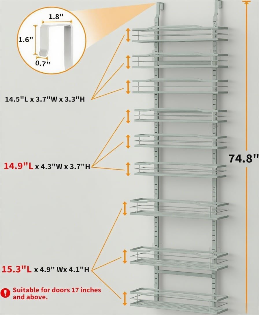 Moforoco Grey 9-Tier Over The Door Pantry Organizer, Pantry Organization and Storage, Black Hanging Basket Wall Spice Rack Seasoning Shelves