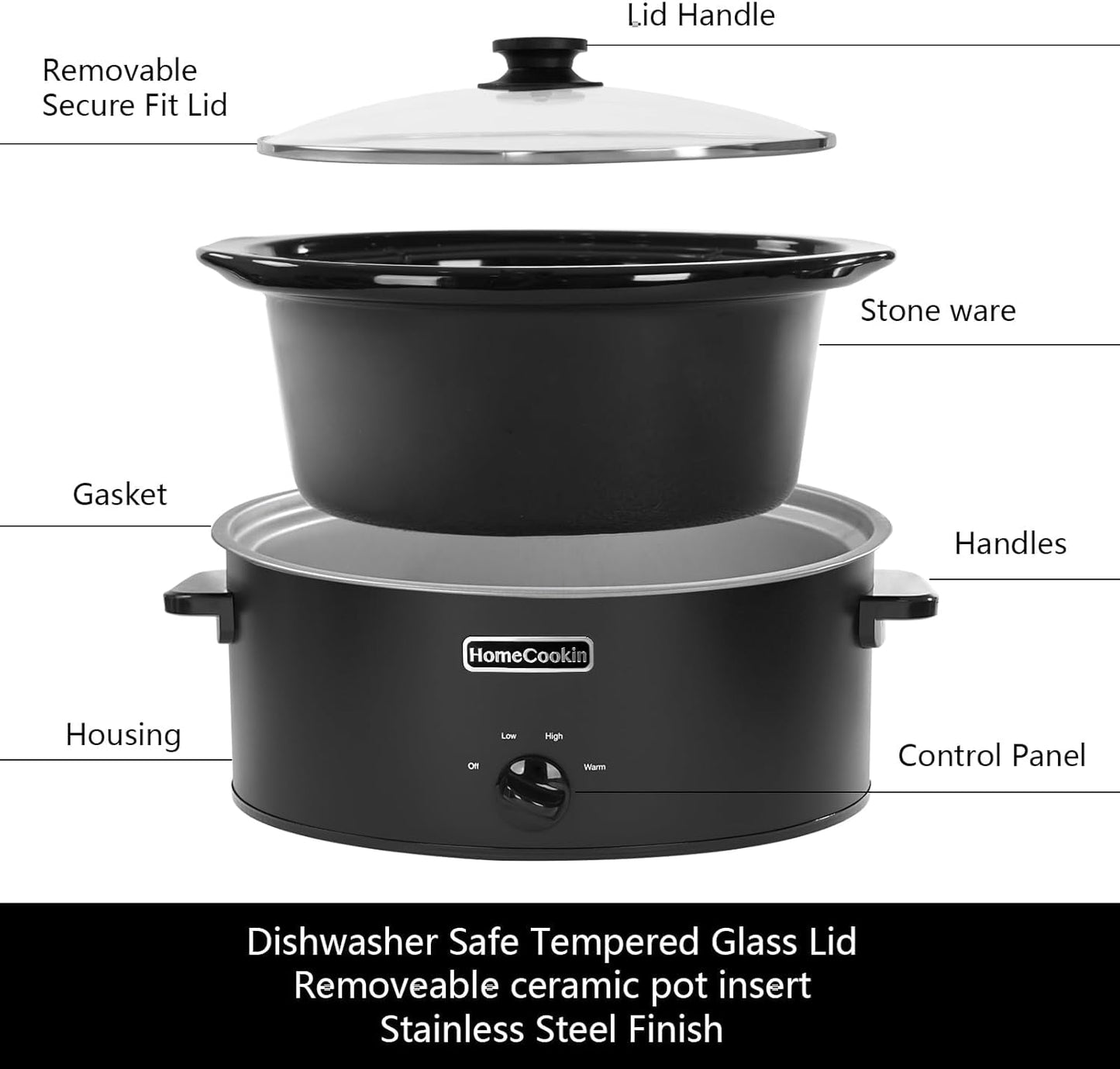 HOMECOOKIN 8 Quart Slow Cooker Oval Manual Pot Food Warmer with 3 Cooking Settings, Black Stainless Steel