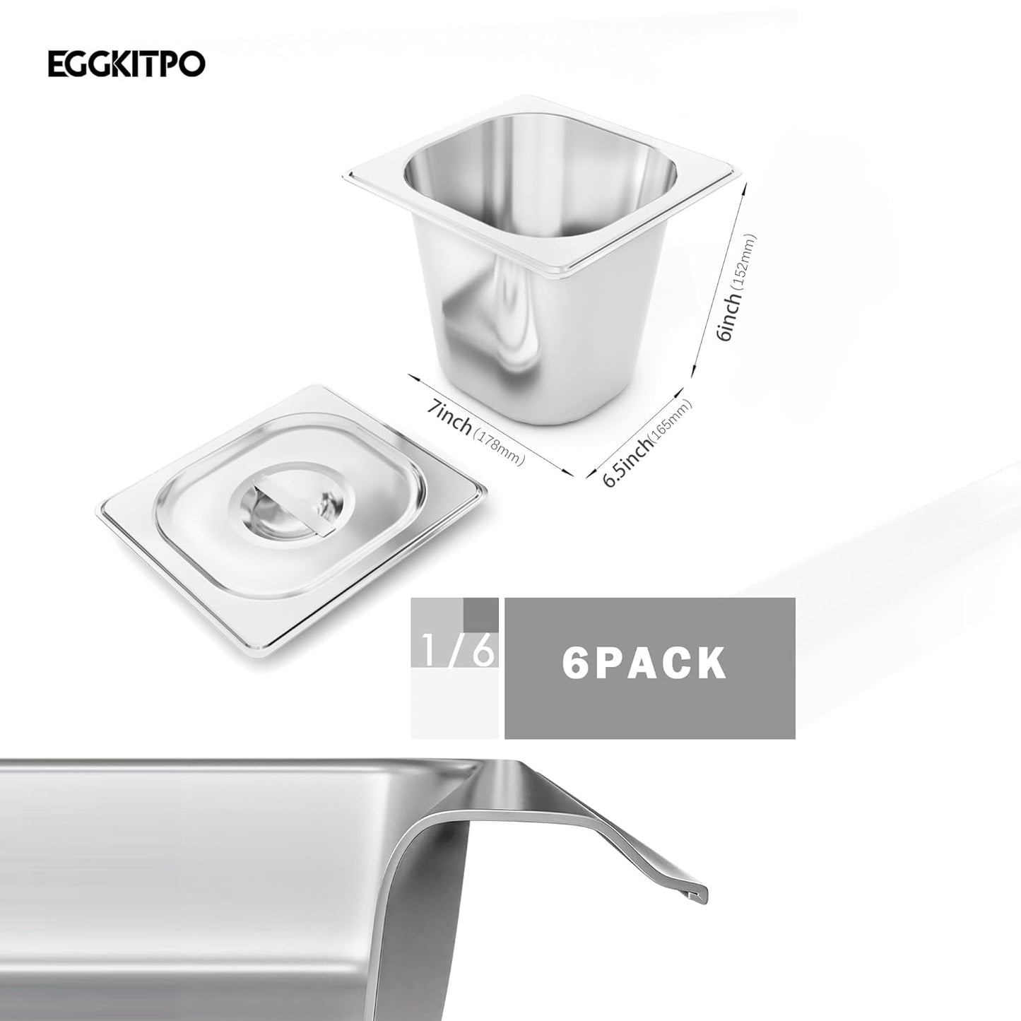 EGGKITPO1/6 Size 6 Inch Deep Stainless Steel Pans with Lid 6 Pack Steam Table Pan Commercial Hotel Pan for Salad Prep Table Metal Food Pans with Cover for Kitchen and High-volume Restaurant Supplies
