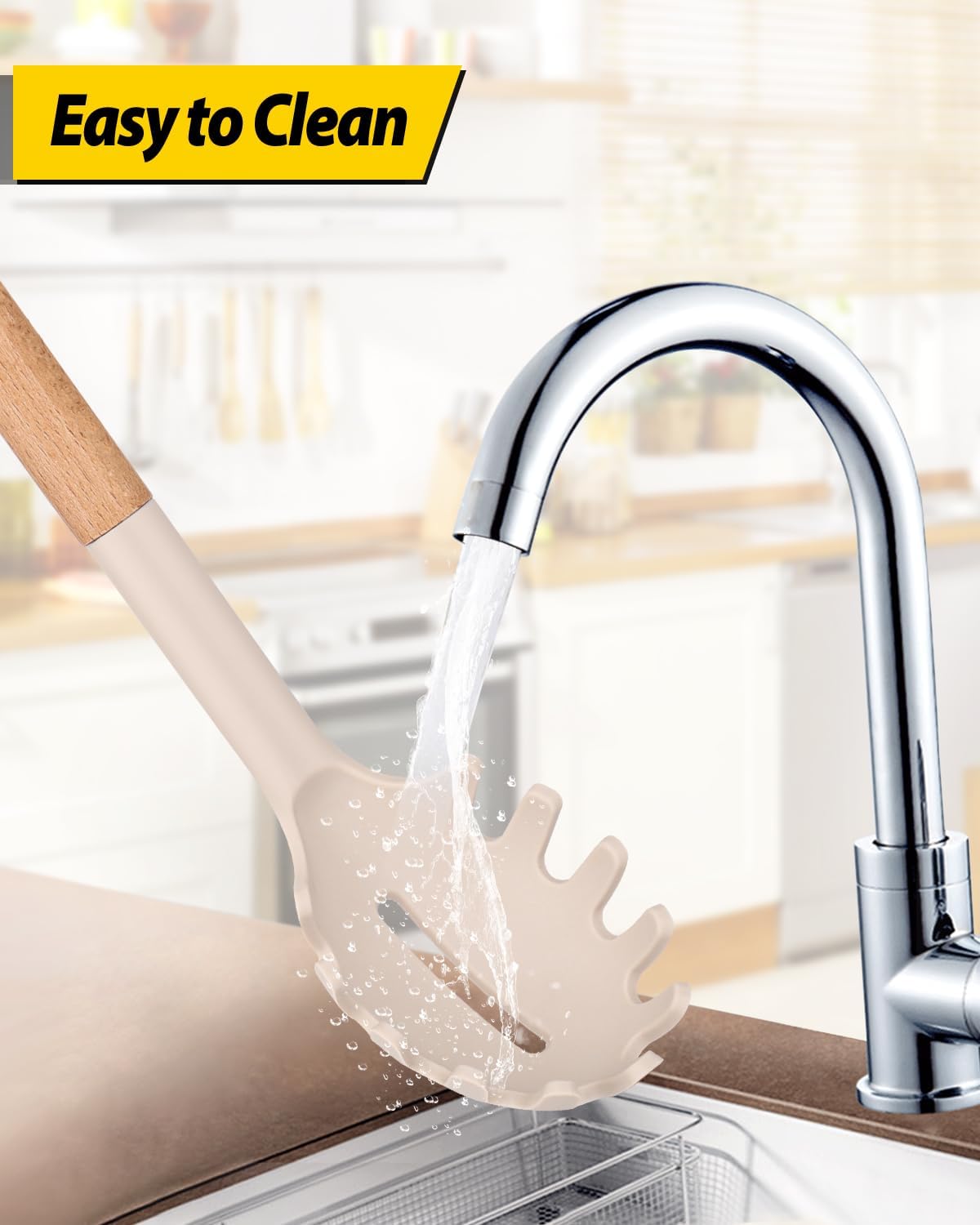 Silicone Pasta Fork and Ladle Spoon Set with Wooden Handle, Heat Resistant Non Stick Kitchen Utensils for Cooking, Stirring, Serving Spaghetti, Soup, Sauce(KHAKI)