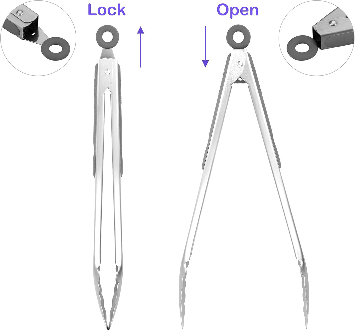 304 Stainless Steel Kitchen Cooking Tongs, 12" and 14" Set of 2 Sturdy Grilling Barbeque Brushed Locking Food Tongs with Ergonomic Grip, Grey