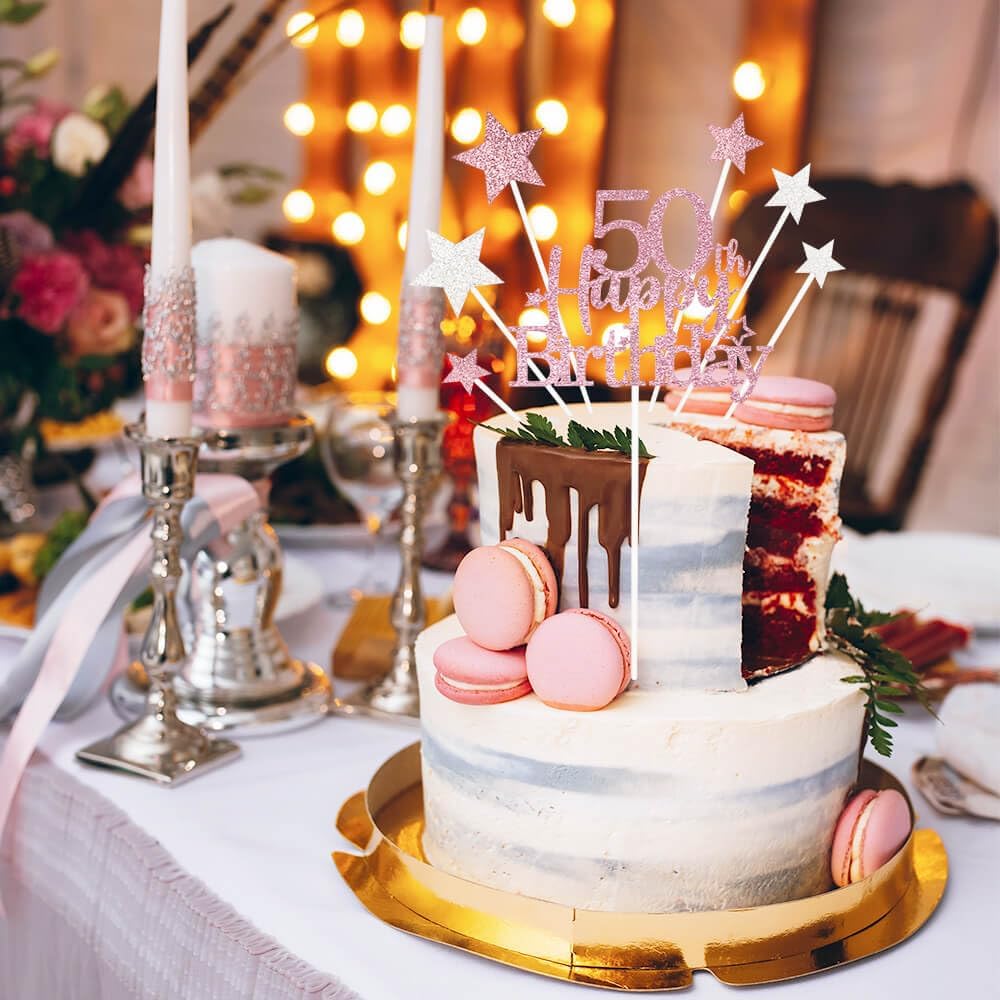 Glittery 50th Happy Birthday Cake Topper with Star,Personalised 50 Birthday Cake Toppers Party Decorations Party Supplies for Men Women Rose Gold