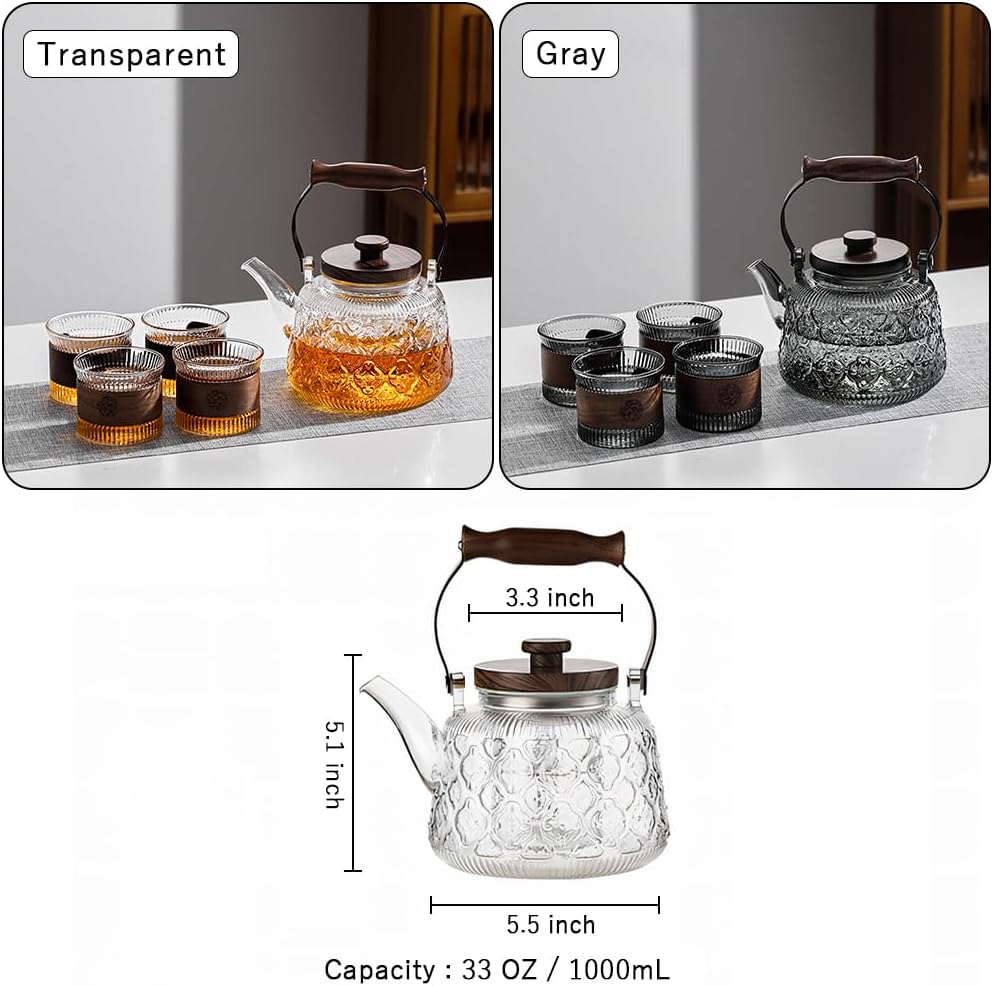 IwaiLoft Stovetop Safe Glass Teapot with Malus Spectabilis Pattern Removable Infuser Fine Borosilicate Tea Pot perfect for Fruit Flowering Tea Canister Premium Quality Tea Kettle Gift(Gray)