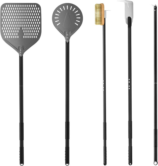 G.a HOMEFAVOR 5-Piece Pizza Oven Accessories, 12" × 15'' Perforated Pizza Peel, 9" Round Turning Peel, Pizza Oven Cleaning Brush, Ash Rake, Pizza Fork, Pizza Kit for Professional Chef or Pizza Lover