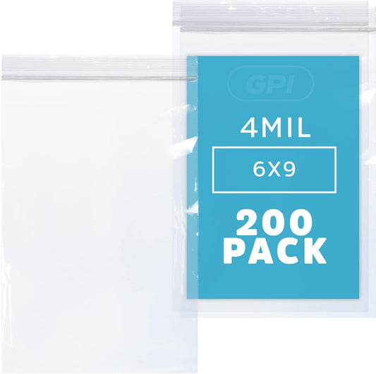 Clear Plastic Reclosable Zip Bags - Bulk GPI Pack of 200 6" x 9" 4 mil Thick Heavy Duty, Strong & Durable Poly Baggies with Resealable Zipper Lock for Travel, Storage, Packaging & Shipping.