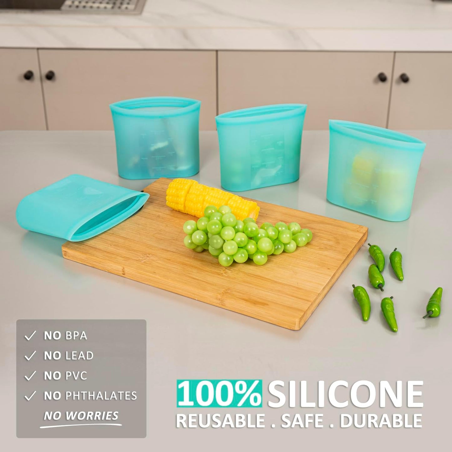 Reusable Snack Bags, 4 Pack, Stand Up 100% Silicone Reusable Storage Bag, Ziplock Silicone Food Storage Containers Snack Size, Freezer Microwave Oven Dishwasher Safe, Aqua, 16oz