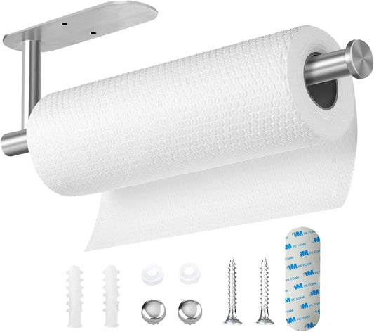 Self Adhesive or Drilling Paper Towel Holder Under Cabinet,Silver Stainless Steel Hanging Paper Towel Holder Wall Mount for Kitchen Paper Towel,Under Counter Paper Towel Roll Rack for Home,Bathroom,RV