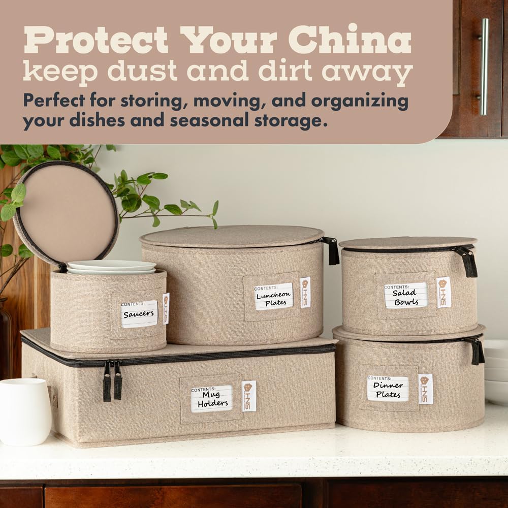 Hard Shell China Storage Containers 5-Piece Set Moving Boxes for Dinnerware, Glasses, Plates, Mugs and Saucers Sturdy Dish Organizer with Dividers for Seasonal Storage - Service for 12 - Brown