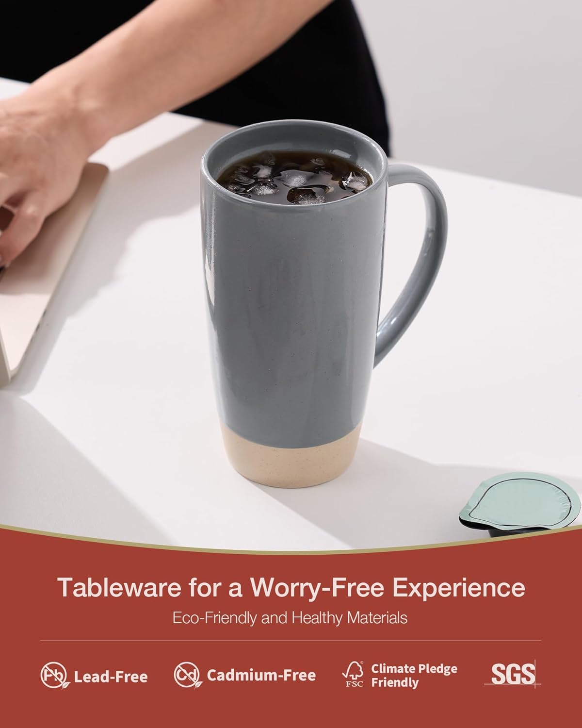 famiware Milkyway Coffee Mugs, 20oz Large Coffee Mug, Ceramic Mug Set of 2 with Lid, Cup Set with Handle for Latte, Tea, Cocoa, Milk, Home & Office, Dark Gray