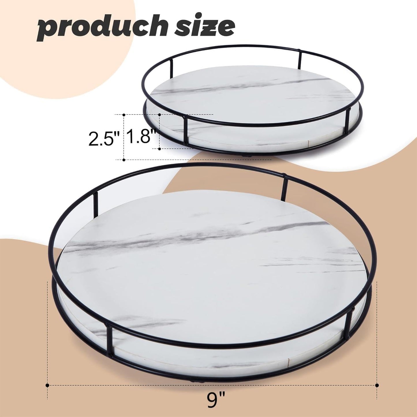 9 Inch White Wood Lazy Susan - Rustic Brown Turntable Organizer with Steel Frame, 360 Degree Decorative Turntable for Countertop or Centerpieces