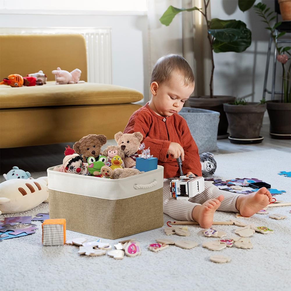 TheWarmHome Organization and Storage Basket for Organizing - X Large - 3 Pack 17.7L×13.8W×9.8H in Collapsible Storage Bin for Shelves, Fabric Basket for Gifts Organizer Toy Closet (White & Khaki)