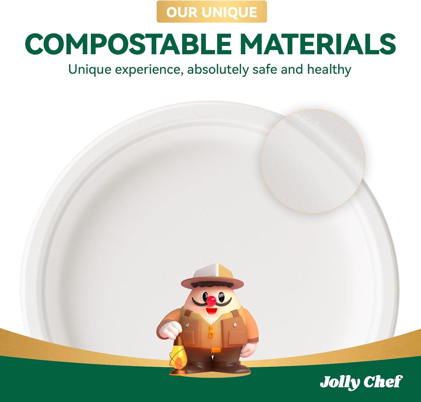JOLLY CHEF Compostable Heavy Duty Plates 𝟭𝟬 𝗜𝗻𝗰𝗵 [𝟱𝟬𝟬 𝗣𝗮𝗰𝗸] Eco-Friendly Disposable White Paper Plates Made of Bagasse Biodegradable Bulk for Party Dinner Sugarcane Fibers Round 500 Count