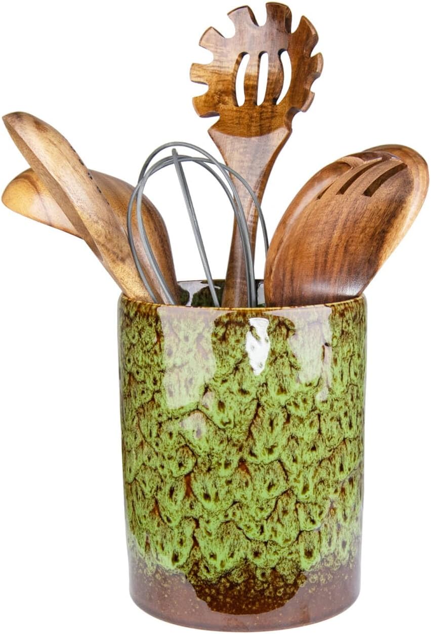 Utensil Holder, Ceramic Kitchen Utensil Holder for Countertop, Large Cooking Utensil Crocks for Kitchen Counter, Morden Utensil Organizer for Spatula, kitchen Decor,Green