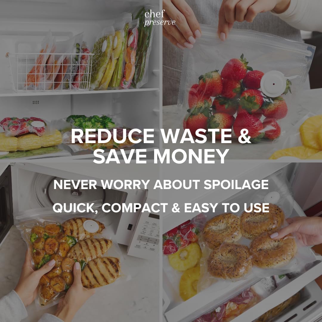 Chef Preserve Reusable Vacuum Sealer Bags for Food – 30 BPA-Free Small (8 x 10 in) Food Storage Bags, Freezer, Microwave – Odor-Resistant, Leak-Proof – Compatible with Chef Preserve Vacuum Sealers