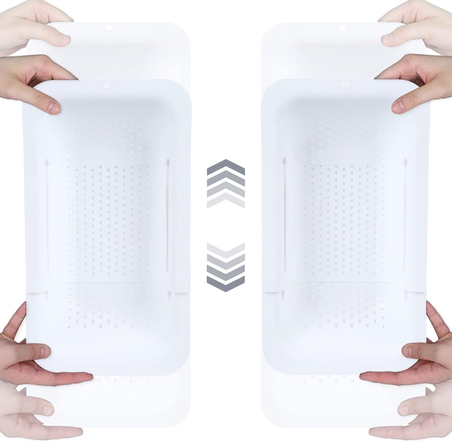 BLUE GINKGO Sink Colander Baskets - (Pack of 2) Wash Vegetables and Fruits, Drain Cooked Pasta and Dry Dishes - Extendable - New Home Kitchen Essentials (2 White)