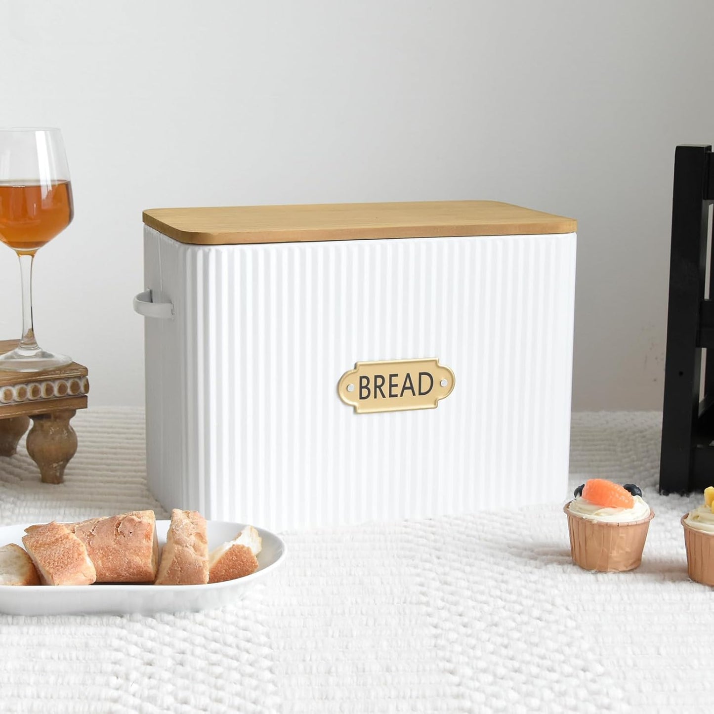 Vertical Stripes Extra Large Space Saving Farmhouse Bread Box with Wood Lid - Holds 2 Loaves - White Vertical Breadbox Bread Storage Bin Holder for Kitchen Countertop