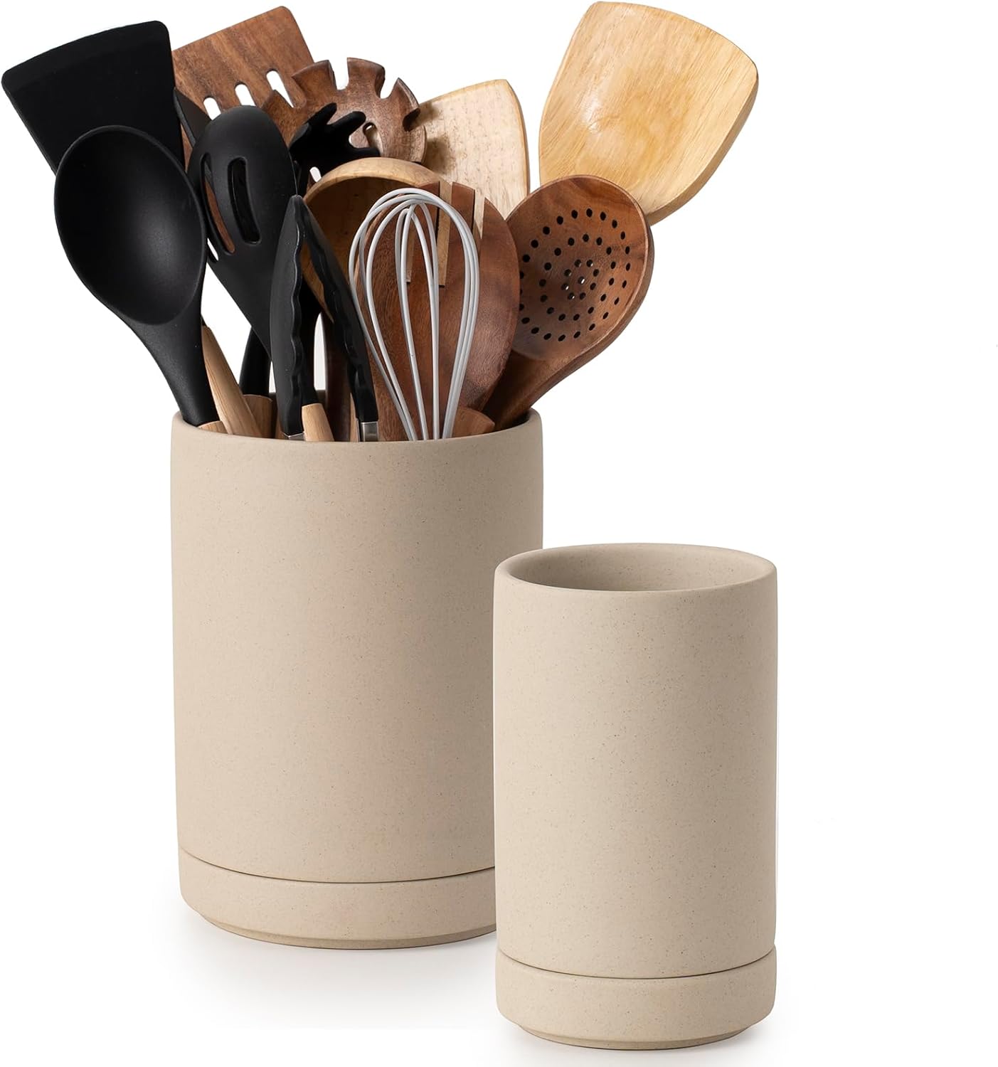 Utensil Holder, 7.3"+5.4" Ceramic 2-in-1 Utensil Holder Set for Countertop, Cooking Utensil Crocks for Kitchen Counter, Organizer for Spatulas & Spoons, Set of 2, Pottery Clay