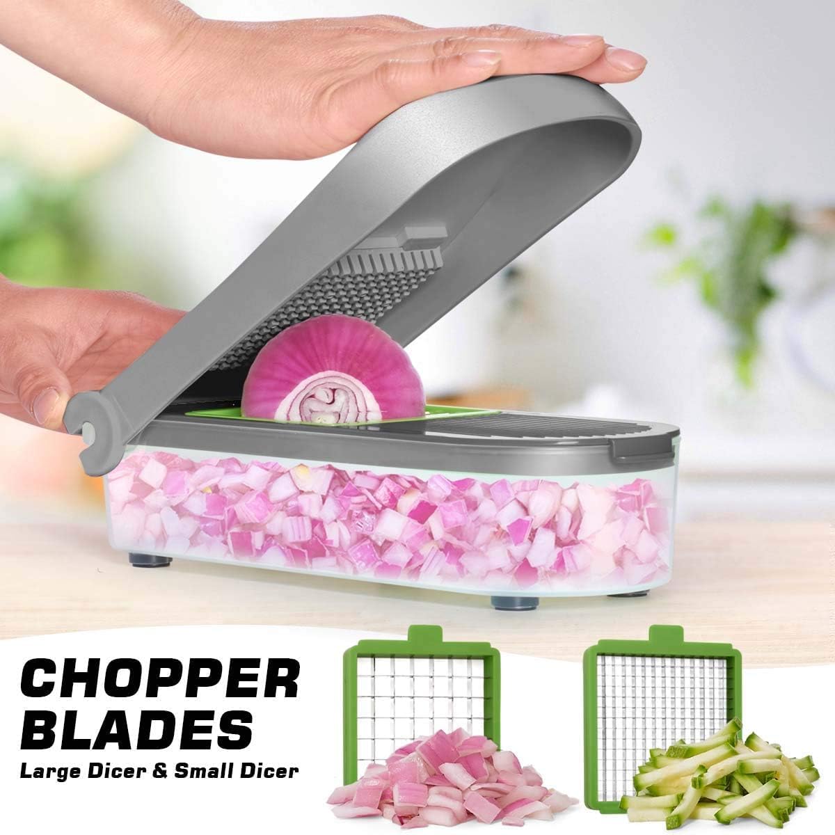 LHS Vegetable Chopper, Pro Onion Chopper Slicer Dicer Cutter Shredded- Cheese & Veggie Plus Peeler and Julienne - Food Dicer with 8 Blades (Grey)