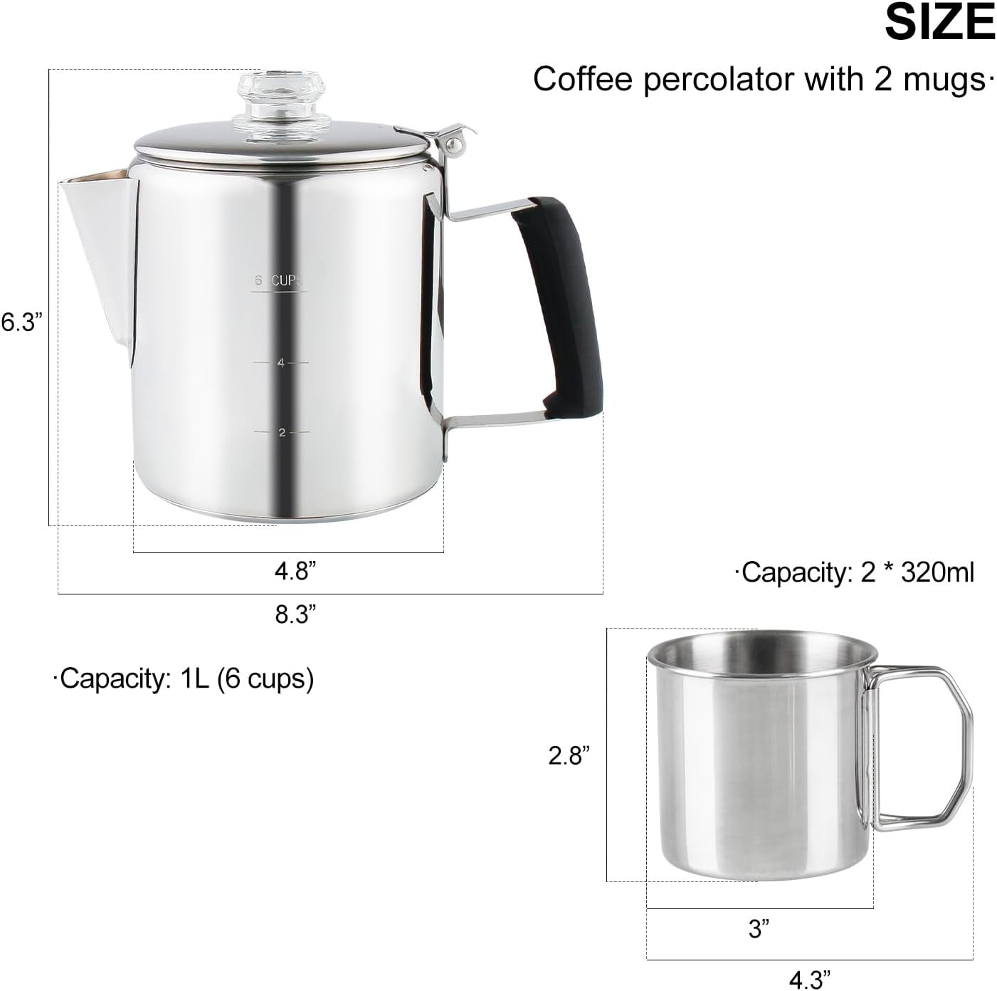 Multi Use 6 Cup Coffee Pot Bundle Coffee Percolator with 2 Mugs Stainless Steel Coffee Maker with Two Heat Resistant Tough Borosilicate Glass Knob Fireproof Silica Handle Using on any Stovetop