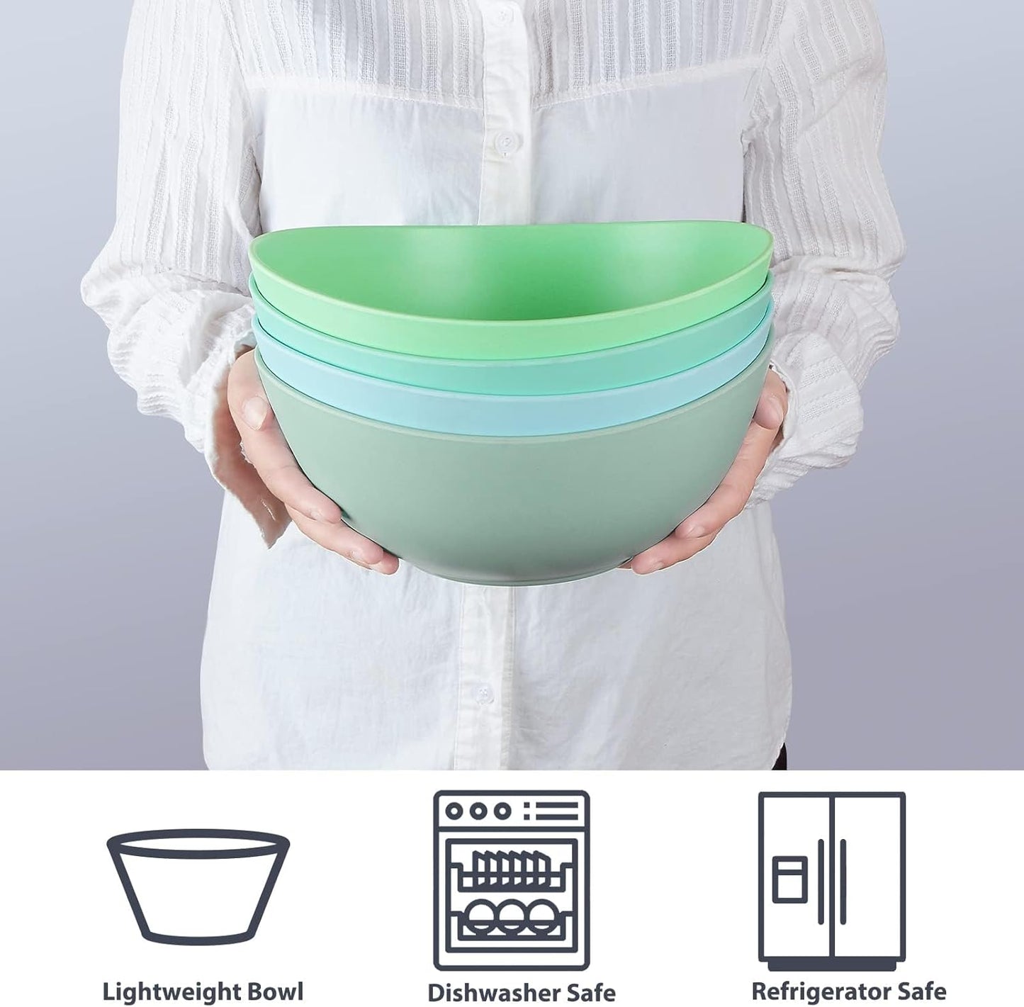 9.6'' Serving Bowls, Bamboo Fiber Salad Bowls Set of 4, 2.6Qt/84 Ounce, Large Bowls for Kitchen,Curvy Shape Big Deep Bowl for Salad,Vegetable,Fruit,Cereal, Lightweight & Easy to Clean(Multi Turquoise)