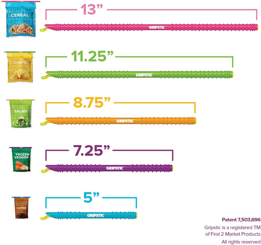 GripStic 12pc Assorted Bag Clips. Durable and reusable chip clips seal food bags air tight. Set includes: (2) 5" Blue, (3) 7.25" Purple, (3) 8.75" Orange, (3) 11.25" Green, (1) 13" Pink.