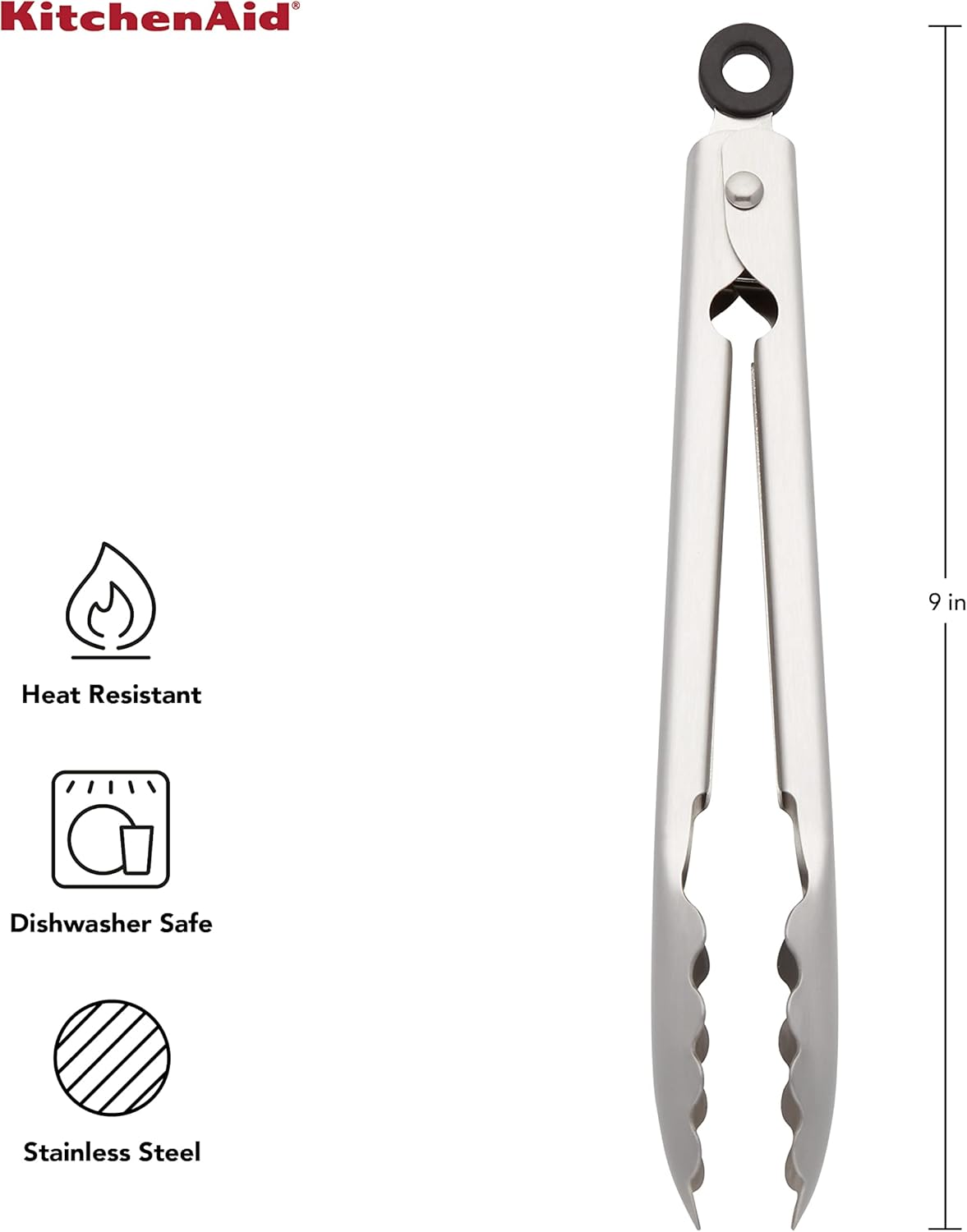 KitchenAid Gourmet Stainless Steel Serving Tongs with Hang Hook and Secure Closing Lock, 9 Inch, Stainless Steel