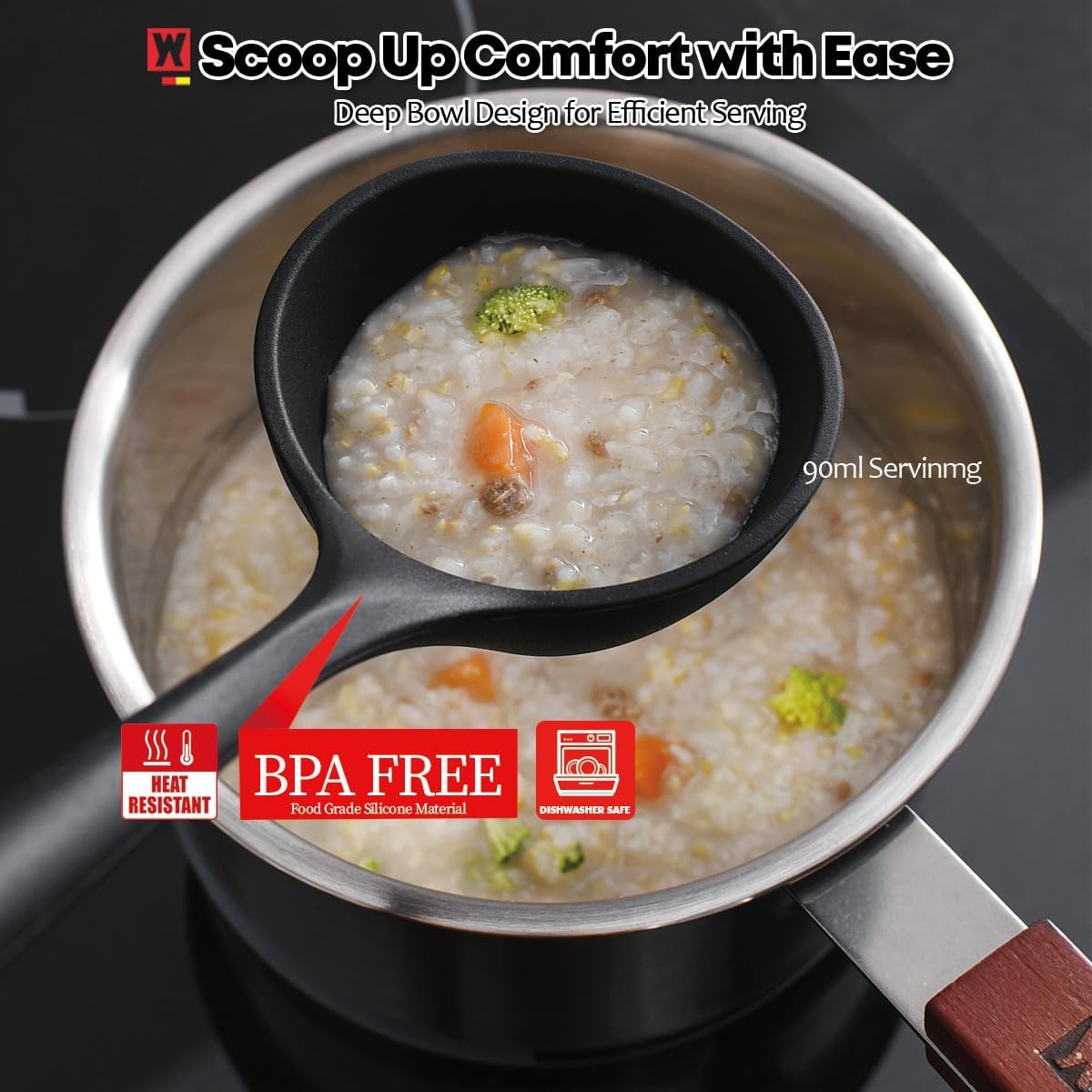 Set of 2pc Silicone Cooking Utensils: Wooden Handle Slotted Spatula + Cooking Ladle, Heat Resistant Cooking Utensil, BPA Free, Protects Surfaces with Gentle Head Design