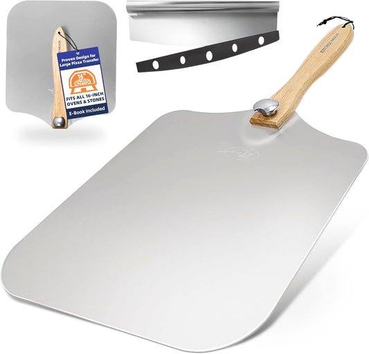 Large Pizza Peel 16 inch - Extra Large Metal Pizza Peel with 14 inch Stainless Steel Pizza Cutter Rocker, Pizza Paddle with Folding Handle (13"x16" with 14" Cutter)
