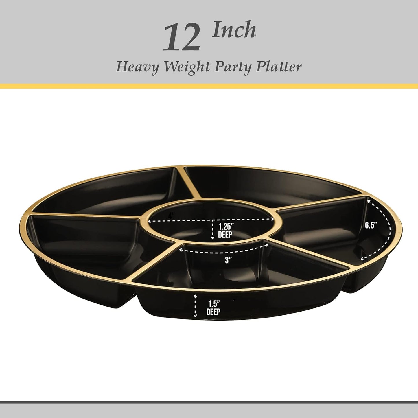 Plasticpro 6 Sectional Round Plastic Serving Tray/Platters Black & Gold Pack of 8