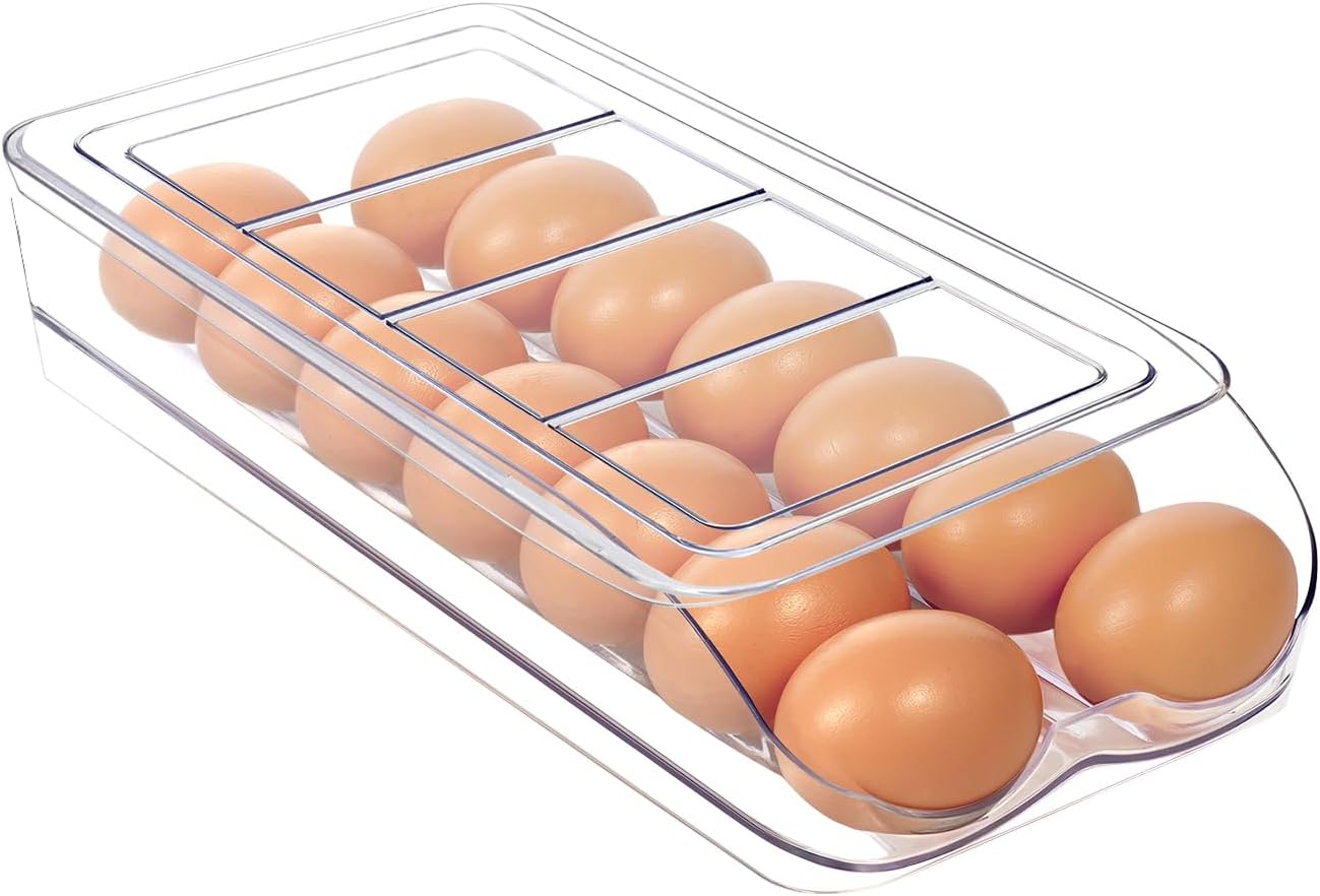 Egg Holder for Fridge, Automatic Rolling Egg Organizer for Refrigerator, Clear Plastic Egg Container & Tray, Stackable Dispenser and Storage with Sturdy Lid to Saving Space -1 Layer