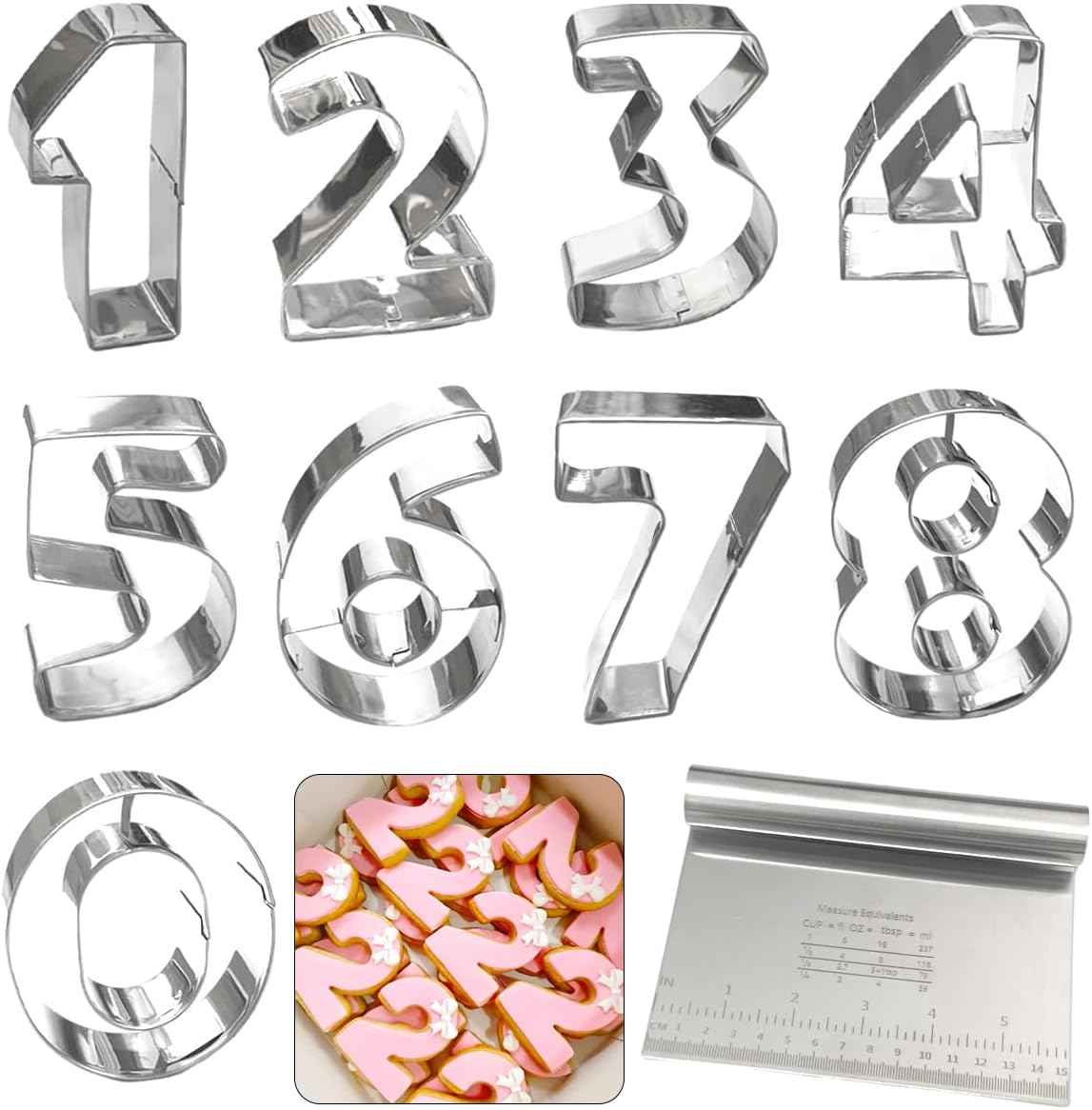 Number Cookie Cutters Shapes 9pcs, Sturdy Basic Biscuit Cutters Set with Dough Cutter, Metal Birthday Cookie Cutters for Holiday Baking Decorating