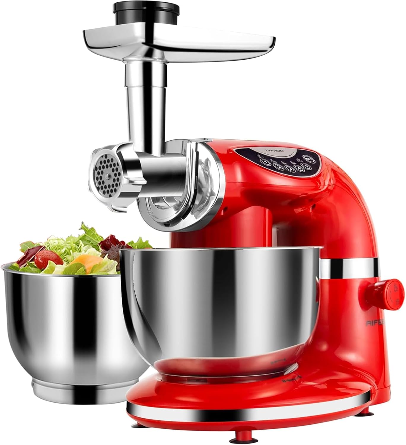 Aifeel Stand Mixer, 8.5QT+ 6QT Two Stainless Steel Bowls Electric Food Mixer, 7 in 1 Multifunctional Kitchen Mixer with Dough Hook, Whisk, Beater, Meat Grinder,Pasta & Cookie Maker-Red