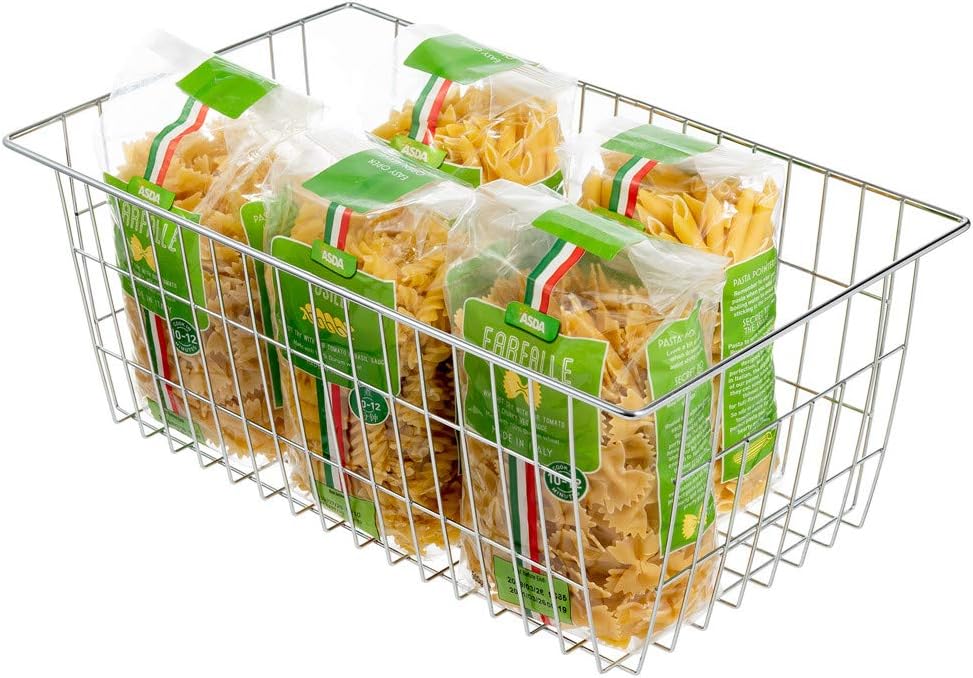 SANNO Freezer Baskets for Storage Pantry Large Metal Wire Food Storage Organizer Bin Basket with Handles - for Kitchen Cabinets, Pantry, Bathroom, Laundry Room, Closets, Garage - Chrome，2 pack