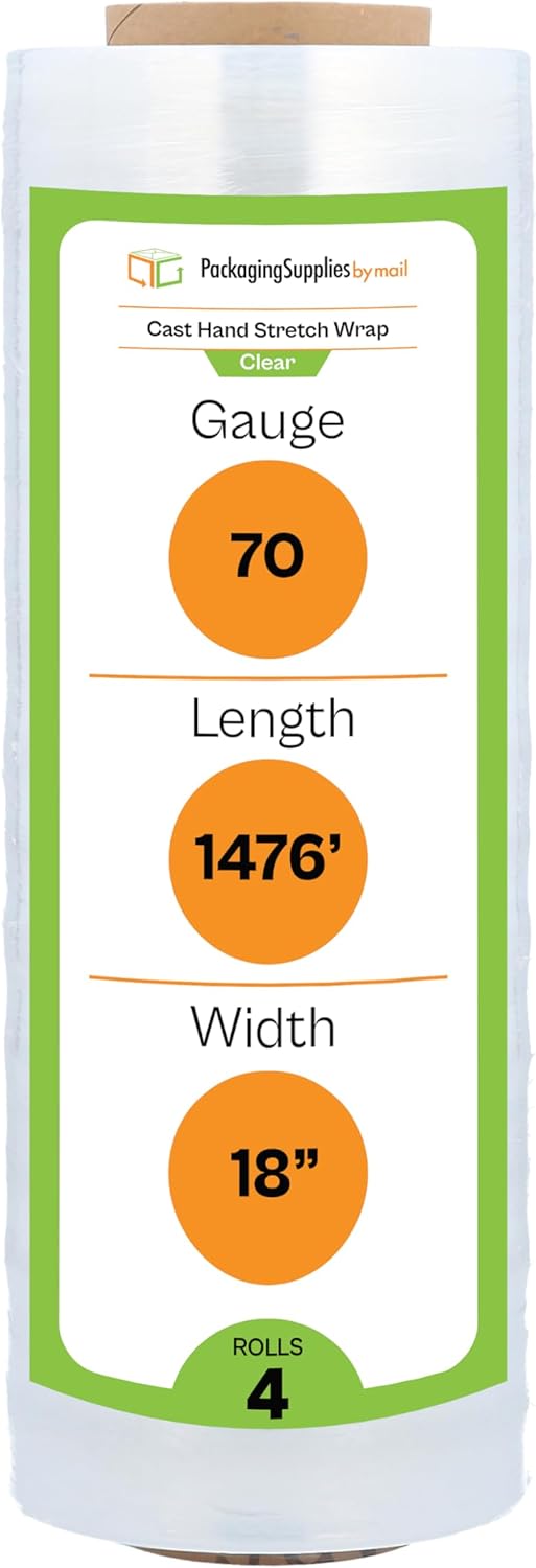 PSBM Stretch Wrap, 4 Pack, 17 Inch x 1476 Feet, 65 Gauge, Clear Plastic Cling, Cast Hand Stretch Film Rolls for Packaging Moving Packing Pallets