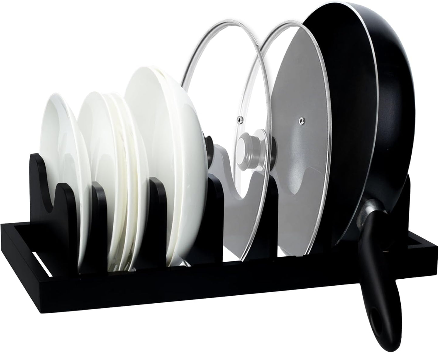 MinBoo Bamboo Pot Lid Organizer Pot Lid Holder, Pot and Pan Organizer Drawer Organizer for Pot Lids, Pans, Cutting Boards & Baking Sheets, Dinner Plates, Reusable Containers in Cabinet Storage,Black