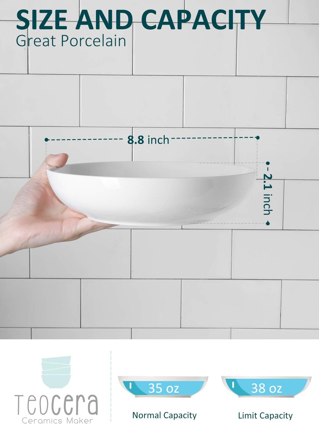 Teocera Pasta Bowls, Large Salad Bowls, Porcelain Bowl Set, Wide and Shallow, Microwave and Dishwasher Safe, 35 Ounce - Set of 4, White