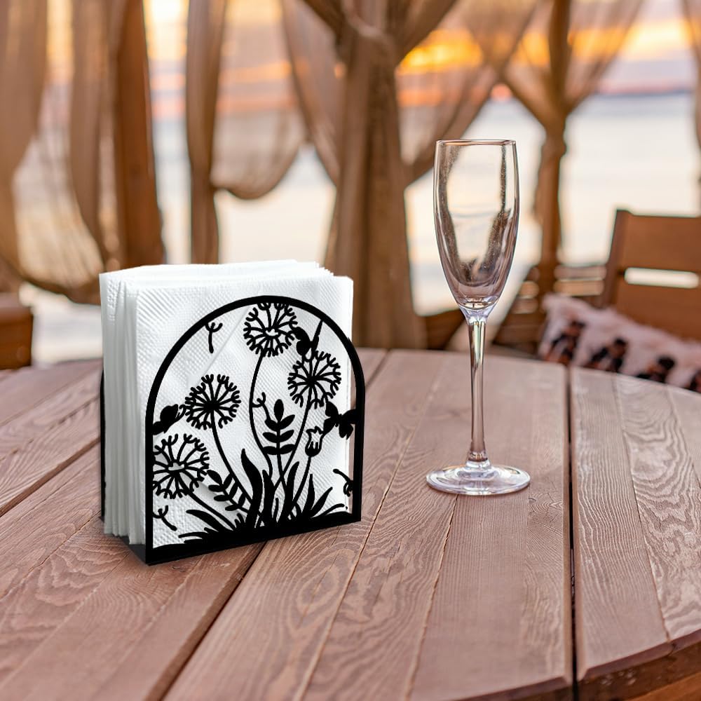 Dandelion Decorative Black Metal Napkin Holder for Table, 5.3" x 4.9" x 1.9" Grass Flower Standing Napkin Holder for Home Kitchen Restaurant Picnic Party Coffee Bar Dining Room