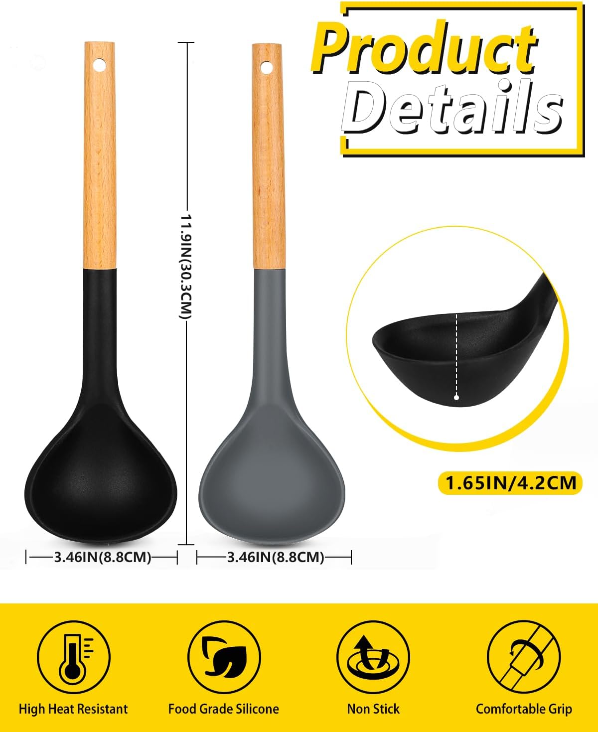 Pack of 2 Soup Ladle, Silicone Ladle Spoon with Wooden Handle, Large Non Stick High Heat Resistant Kitchen Utensils for Cooking, Stirring, Serving Soups(BLACK-GRAY)