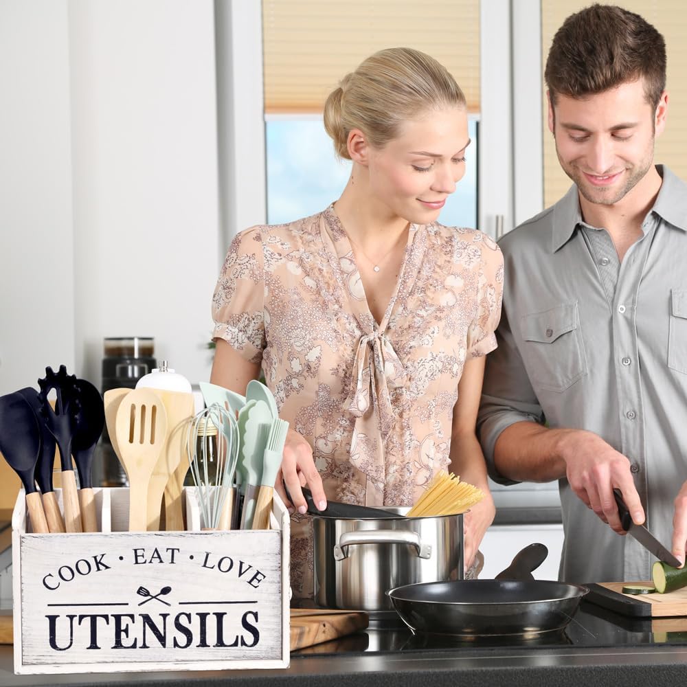 Farmhouse Cooking Utensils Organizer - Solid Wood Countertop Utensil Holder, 3 Compartment Spoon Holder for Kitchen Decor (White)