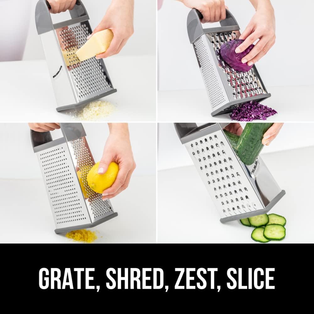 GORILLA GRIP 4-Sided 100% BPA-Free Cheese Grater With Container, Stainless Steel XL Box Graters, Parmesan Shredder, Grate Cheeses, Shred Veggies, Slip Resistant Handle, Dishwasher Safe Zester, Gray