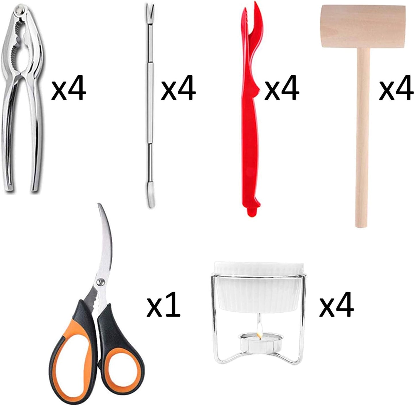 Artcome 21 Pcs Seafood Tools Set includes 4 Crab Forks, 4 Lobster Crab Crackers, 4 Lobster Shellers, 4 Butter Warmers, 4 Lobster Crab Mallets, 1 Seafood Scissor