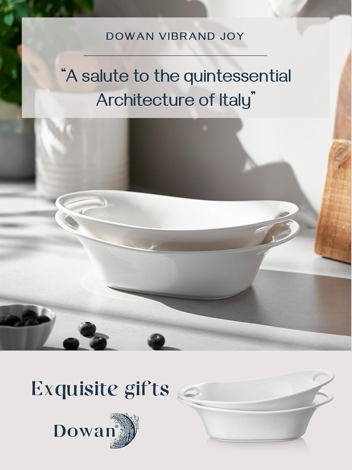 DOWAN Large Serving Bowls with Handles, 60 OZ Oval Serving Platter for Turkey, Fruit Salad Serving Dishes for Entertaining, Porcelain Pasta Bowls for Mother's Day, Parties, Set of 2, Soft White