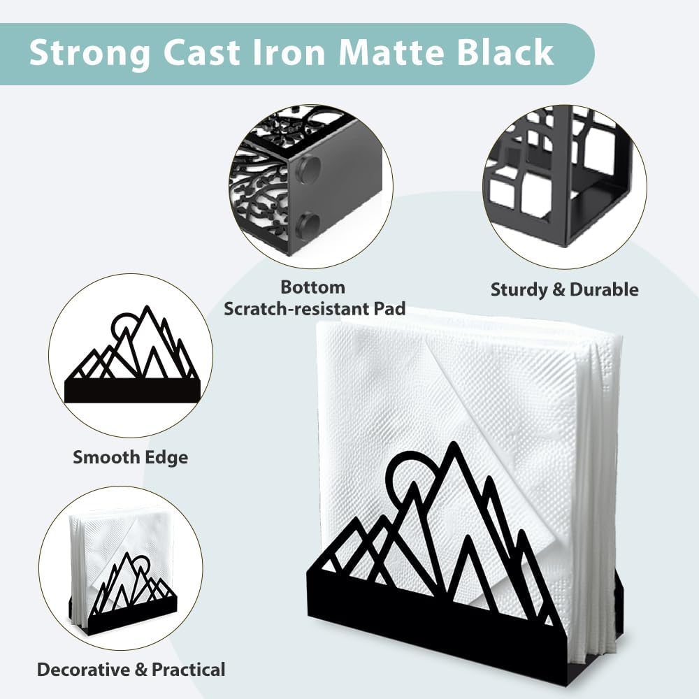 Geometric Mountains Decorative Black Metal Napkin Holder for Table, 4.9" x 4.9" x 1.9" Standing Napkin Holder for Home Kitchen Restaurant Picnic Party Coffee Bar Dining Room