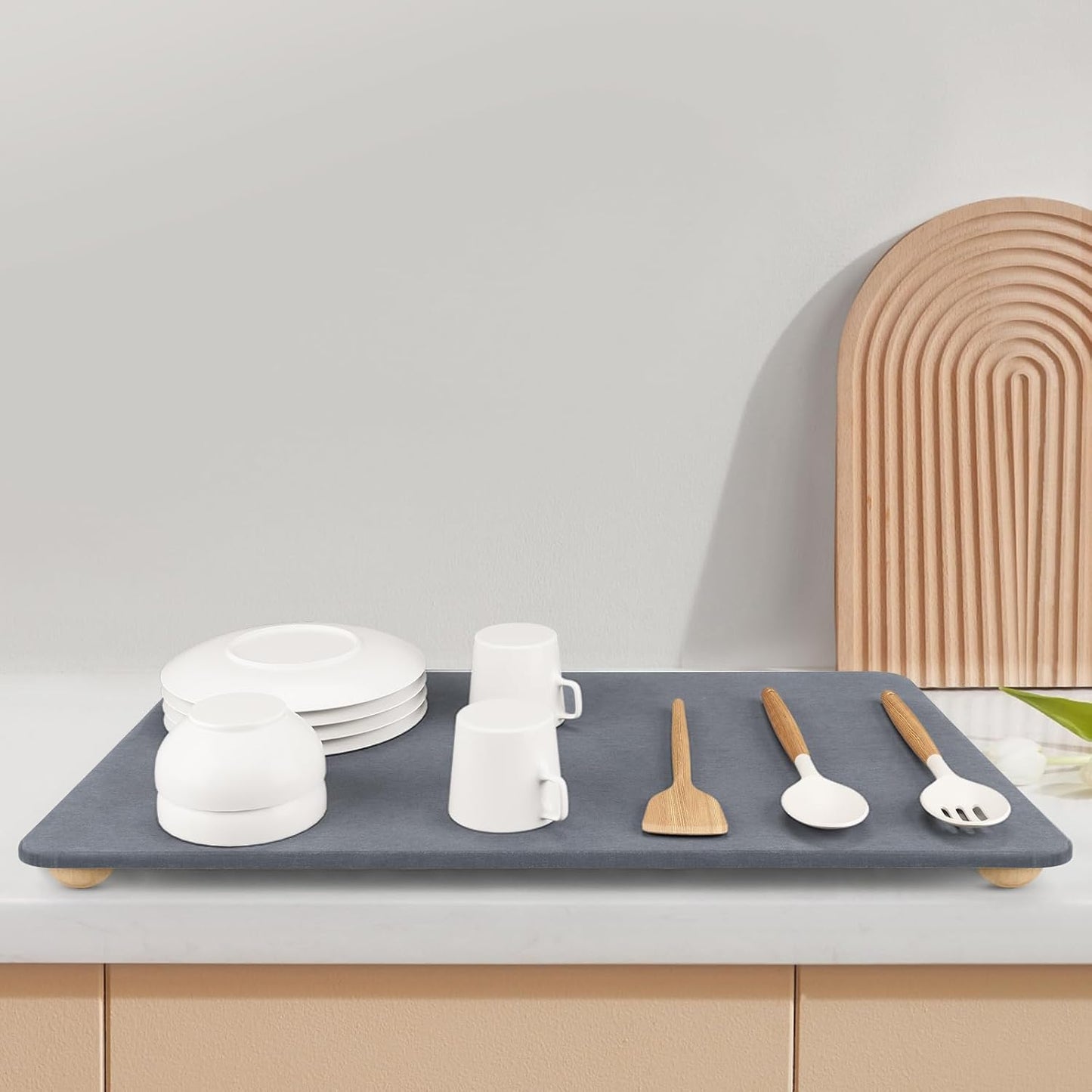 Large Stone Dish Drying Mat for Kitchen Counter, 24"×16" Quick Dry Super Absorbent Eco-Friendly Diatomaceous Earth Stone Mat with hemisphere wooden feet, Non-slip, Heat Resistant, Multi-purpose mats.