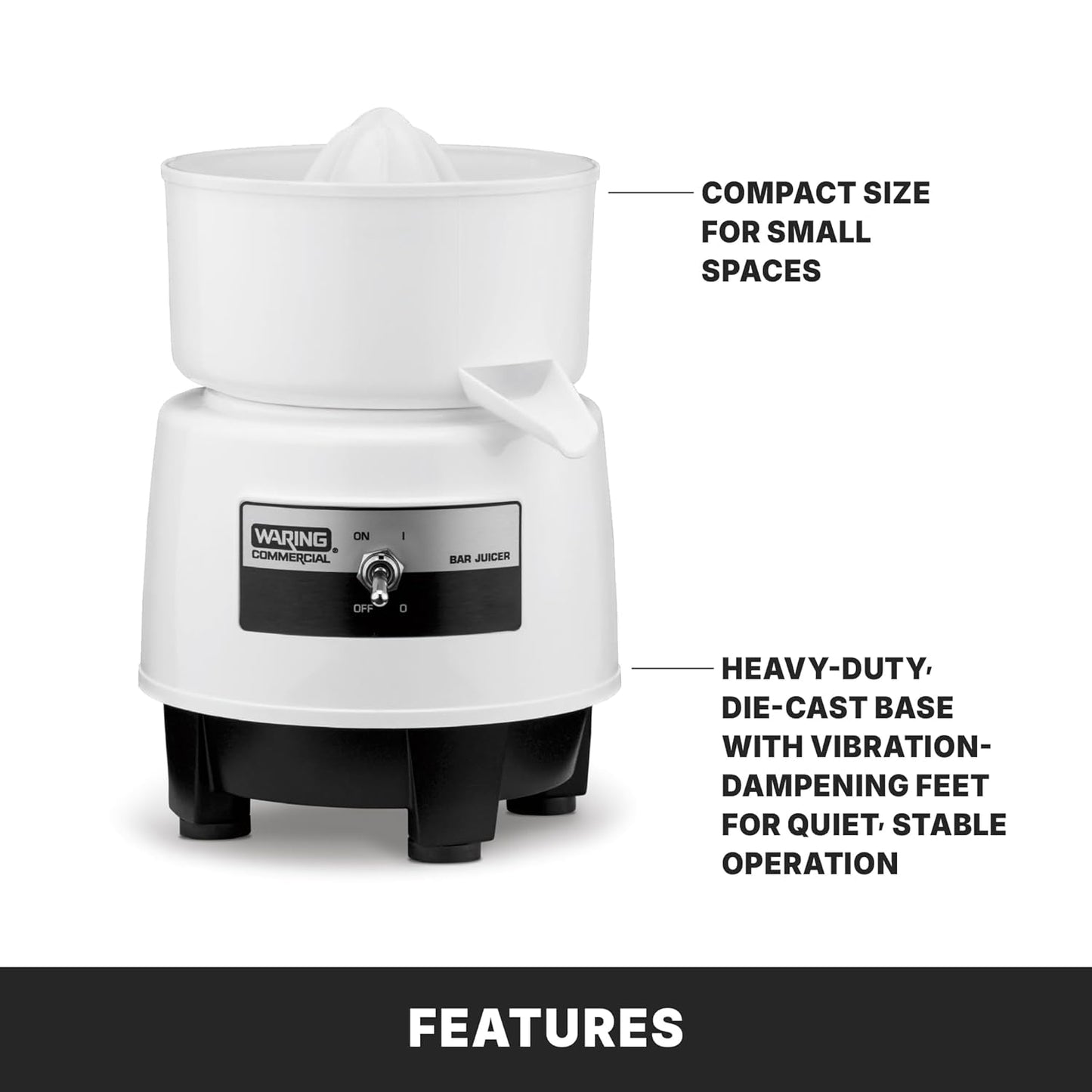 Waring Commercial BJ120C Compact Citrus Juicer, 120V, 5-15 Phase Plug,White, 34 Ounce