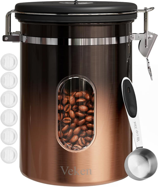 Veken Coffee Canister with Window,Airtight Stainless Steel Kitchen Food Storage Container, Date Tracker & Scoop for Grounds Coffee, Beans, Tea,Flour,Cereal,Sugar,22OZ,Copper